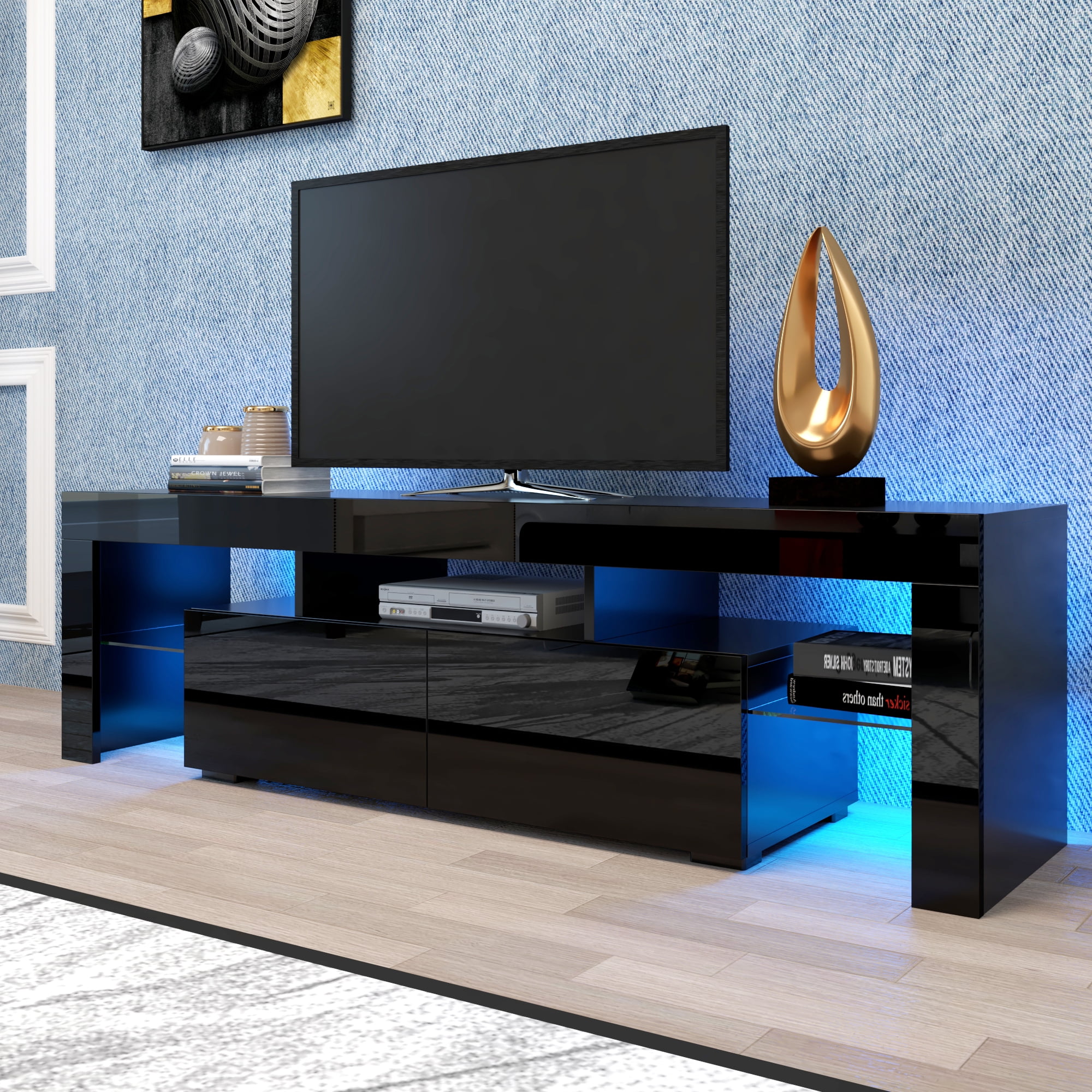 TV Cabinet Stand Unit LED Lights Shelves 2 Drawers Wood Console Table Home 