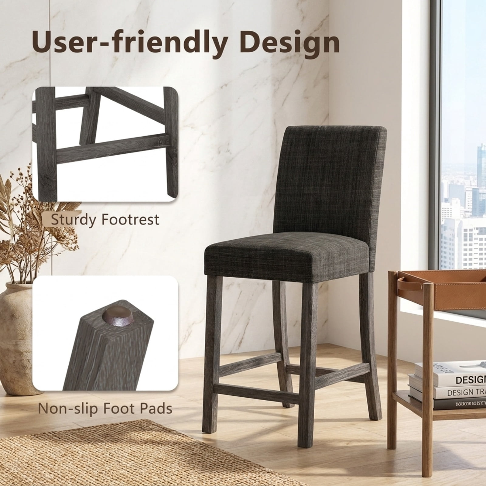Furnibear Counter Height Bar Stools Set of 2 with Back and Footrest for Kitchen Island Counter Bar Pub Dining Home, Gray