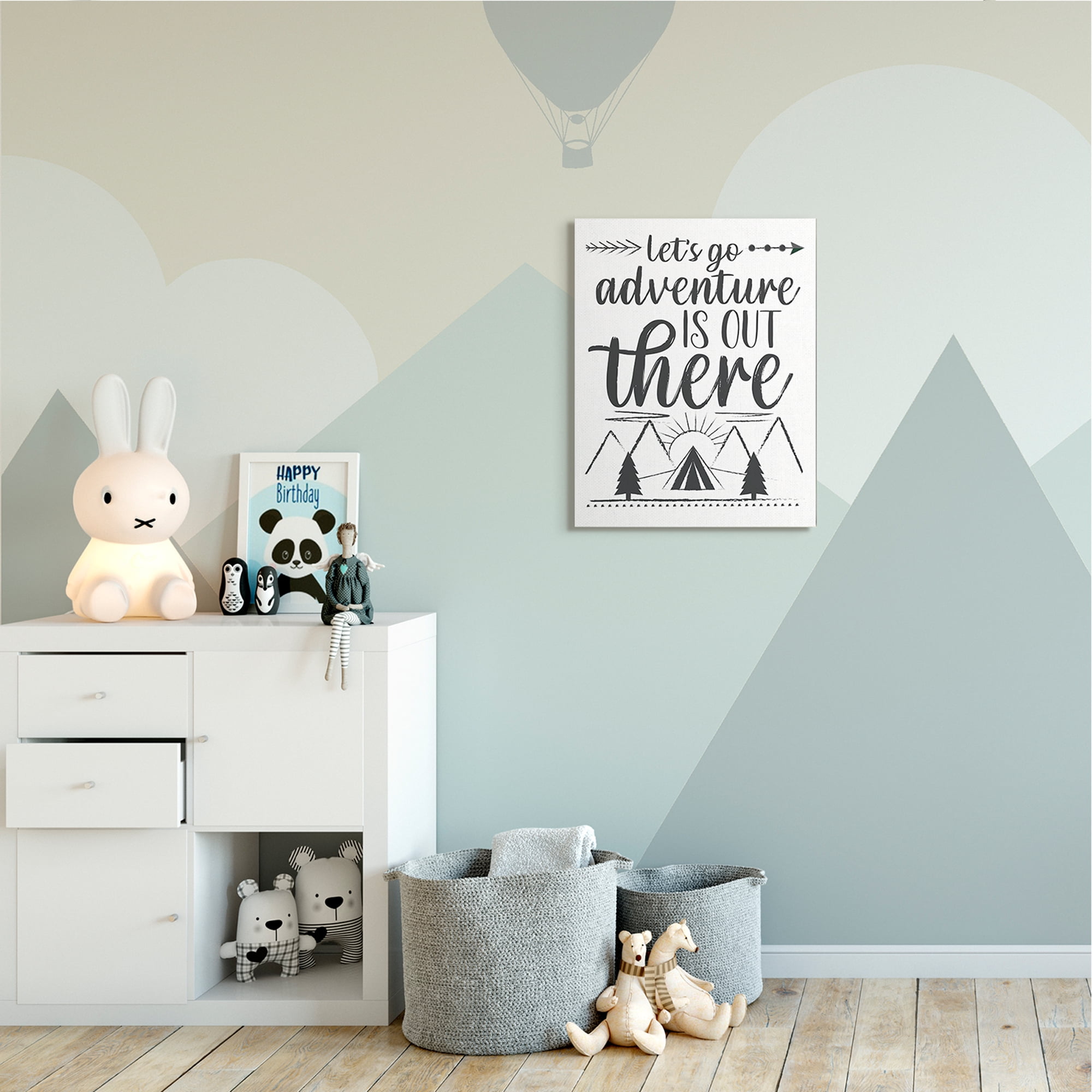 Stupell Industries Adventure's Out There Phrase Camping Tent Mountain Range Inspirational Painting Gallery Wrapped Canvas Art Print Wall Art, 24 x 30