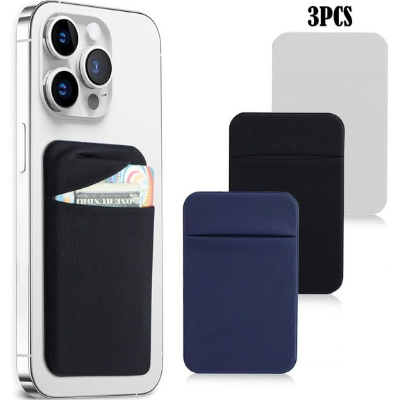 3Pack Cell Phone Card Holder Pocket for Back of Phone,Stretchy Stick on Wallet Credit Card ID Case Pouch Sleeve Self Adhesive Sticker with Flap for iPhone Samsung Galaxy-Black Navy Blue White