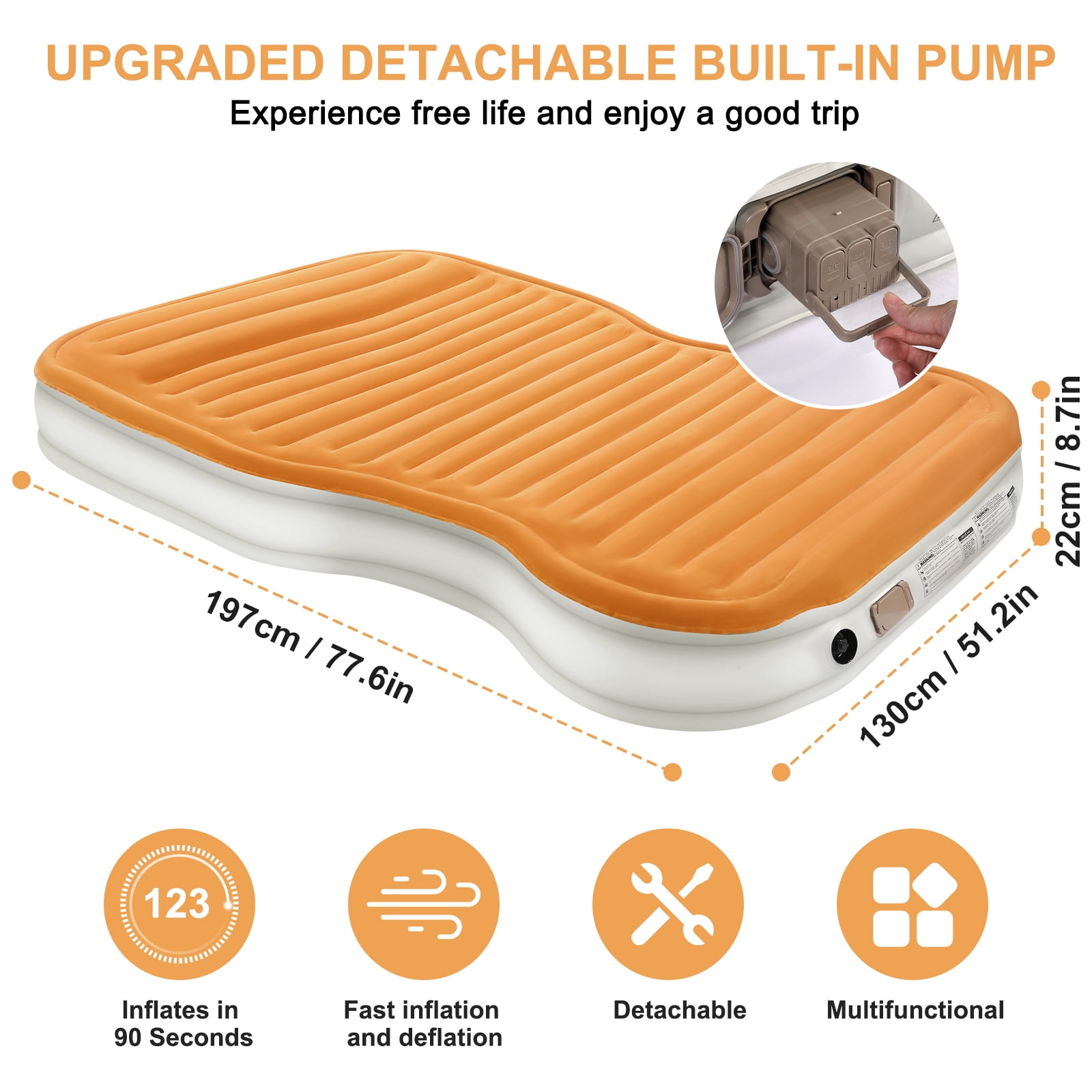 QDH SUV Air Mattress Double Size Thickened Flocked Car Bed Mattress for Travel and Camping with Built-in Electric Pump Portable Inflatable Blow Up 660lb Weight Capacity Orange