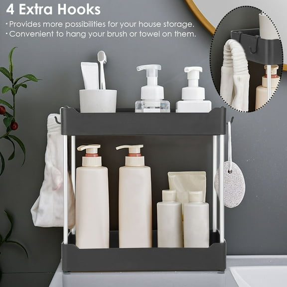 Bathroom Kitchen Storage, TeqHome Under Sink Shelf Organizer with 4 Hooks, 2-Tier