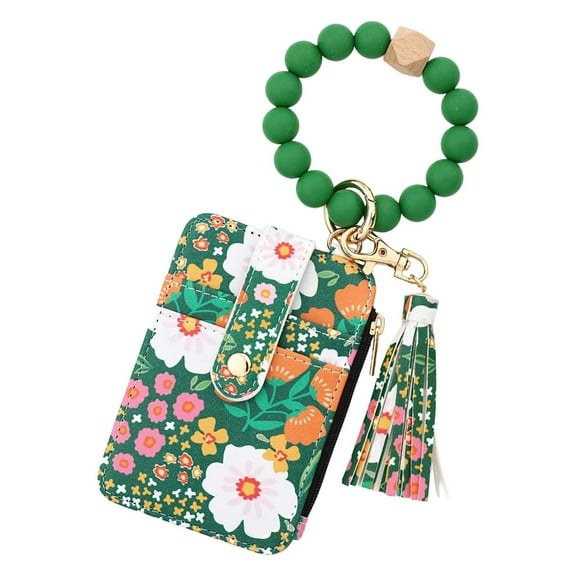 JoyMoreHome Flower Keychain Wristlet Wallets, Cute Beaded Credit Card Holder Key Ring Bracelet Wallet