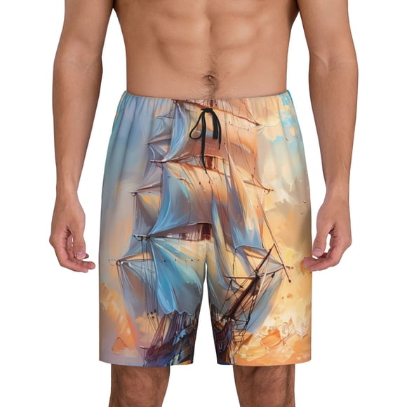 Cauagu Sailing Ship Ocean Sunset Print Pajama Bottoms for Men Sleep Pajama Shorts Elastic Waistband Sleep Pajama Short Men's PJ Shorts-4X-Large