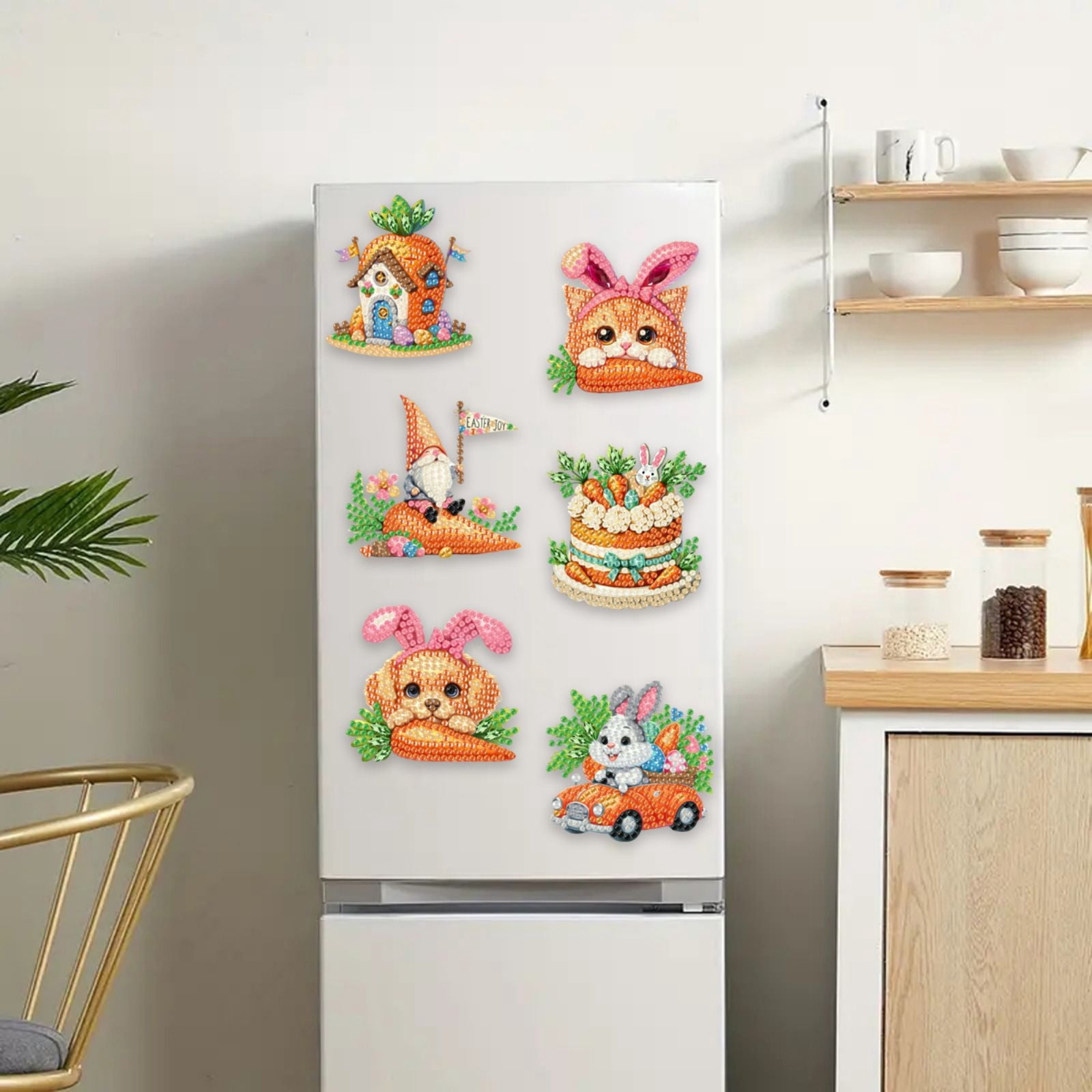 FLOPESN 6Pcs Holiday DIY Diamond Art Painting Refrigerator Magnet,Creative Design Easter St. Patrick's Day Acrylic Home Decors-Carrots