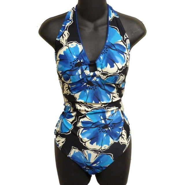Tropical Escape Womens Blue Tropical Floral Halter Swimsuit Bathing