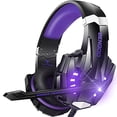 thumbnail image 1 of Auriculares para juegos estéreo BENGOO G9000 con micrófono, luz LED, cancelación de ruido, suaves almohadillas de memoria (morado), 1 of 3