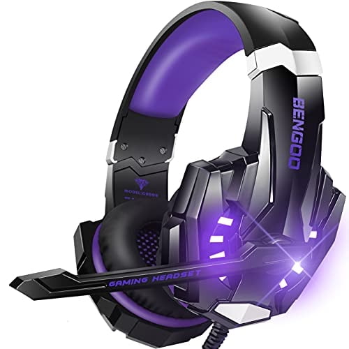 Auriculares para juegos estéreo BENGOO G9000 con micrófono, luz LED, cancelación de ruido, suaves almohadillas de memoria (morado)