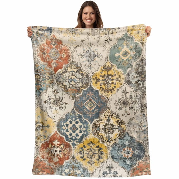 Vintage Boho Morocco Throw Blankets, Floral Lattice Pattern Soft Fleece Blanket Decorative for Home Sofa Couch Chair Living Bedroom, 30x40 Inches, Yellow Cream