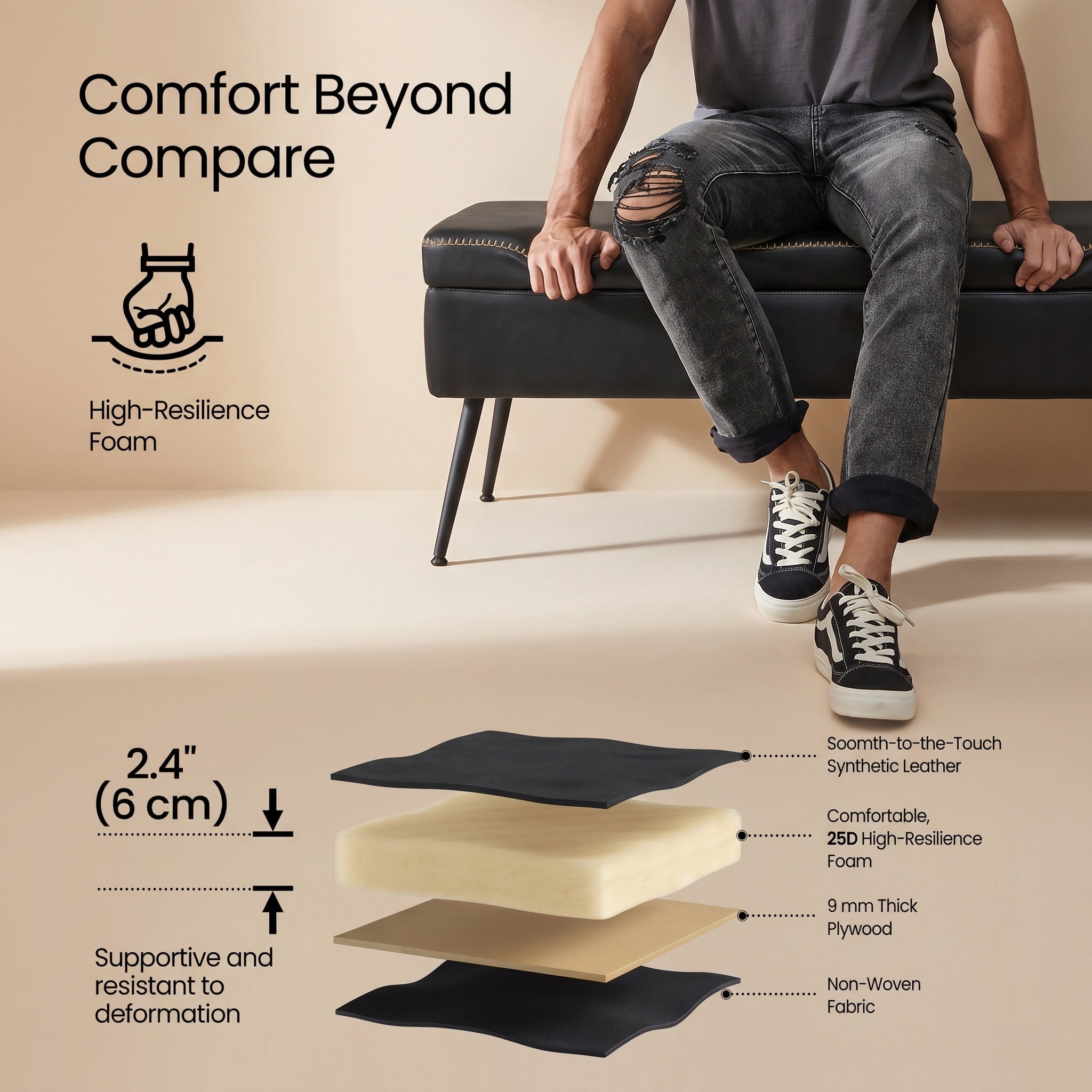 Nordic Hygge Storage Ottoman Bench, Ink Black