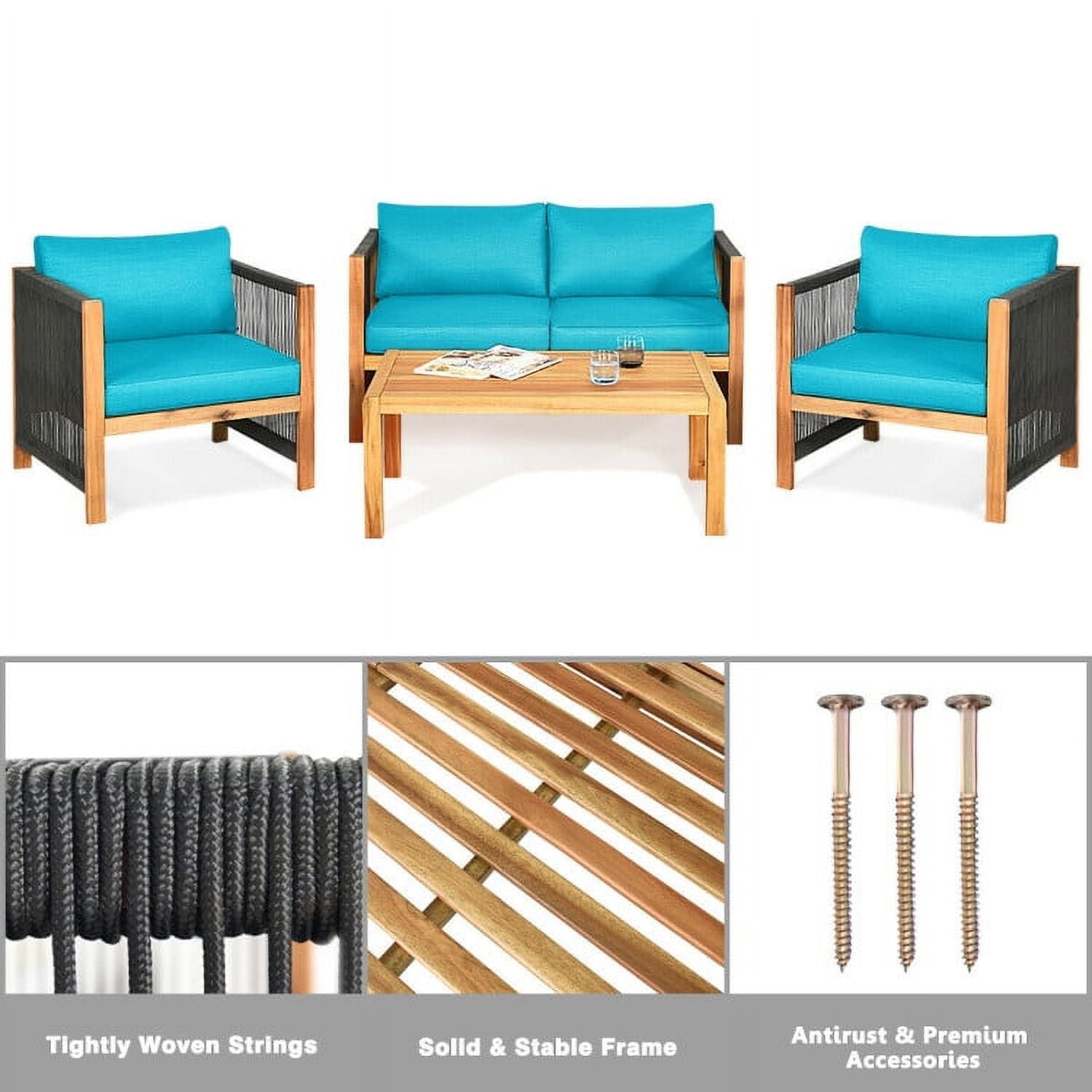 Aimee Lii 4 Pieces Acacia Wood Outdoor Patio Furniture Set with Cushions, Wooden Patio Furniture Set, Turquoise Aimee Lii 4 Pieces Acacia Wood Outdoor Patio Furniture Set with Cushions, Wooden Patio Furniture Set, Turquoise