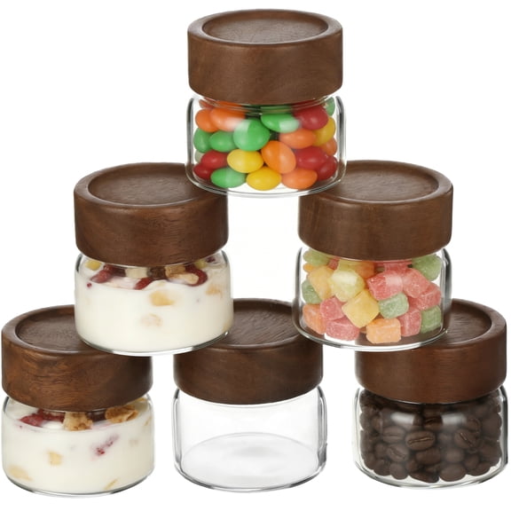 6PCS Airtight Glass Canisters, 3.7oz Glass Storage Jars with Acacia Wood Lids, Clear Food Storage Containers, Stackable Wide Mouth Kitchen Organizer Jars for Dry Goods