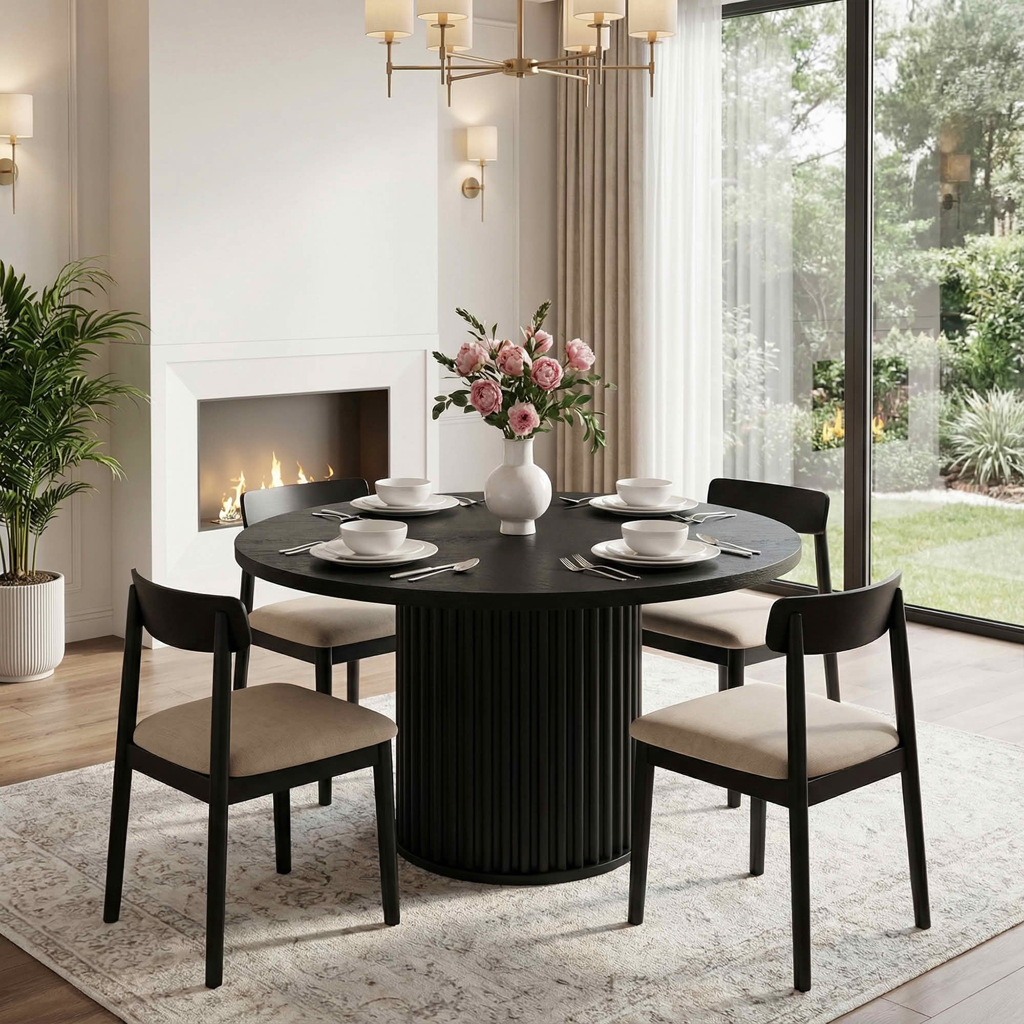 MAYEERTY 47 Inch Round Dining Table, Modern Wood Kitchen Table with Fluted Metal Base for 6 People