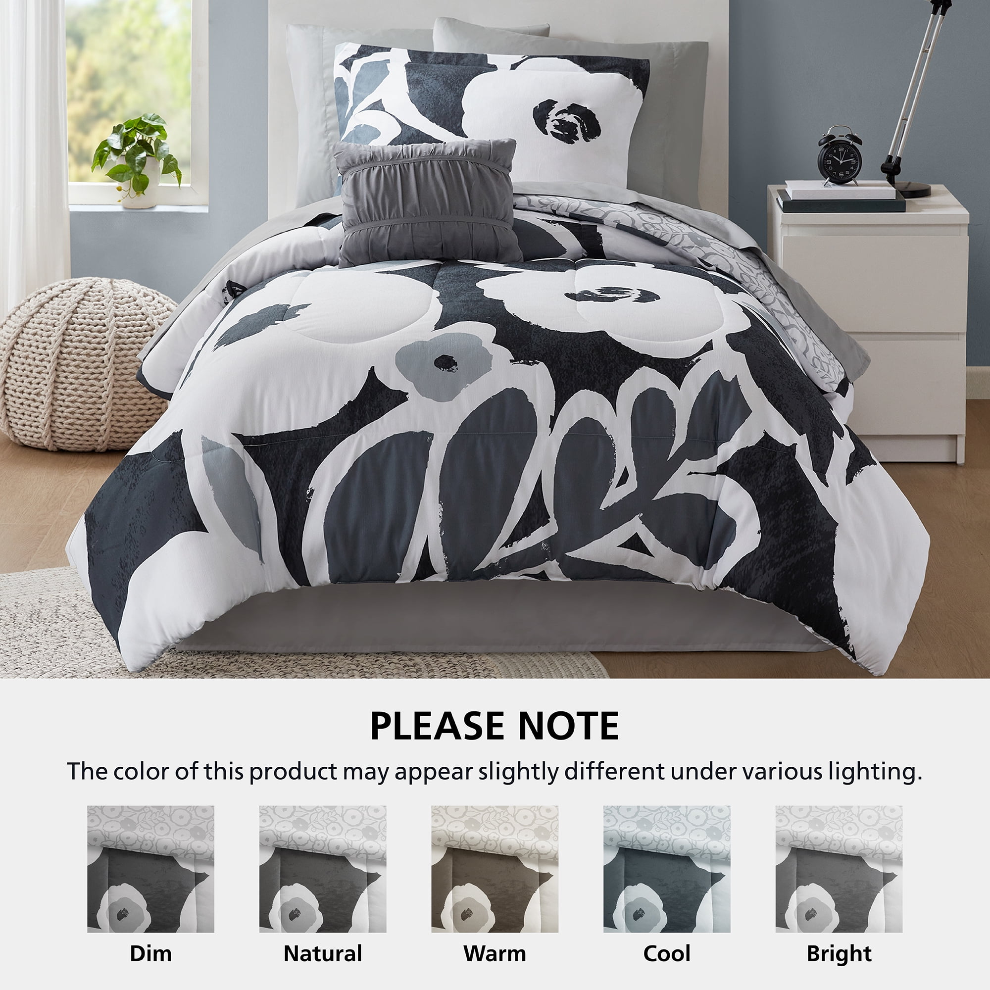 Mainstays All in One Reversible Comforter and Sheet set- 8 Piece, Twin, Black and White Floral