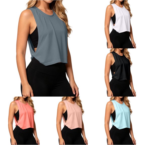 FINALGANG Womens Solid Color Crew Neck Side Hollow Quick Dry Cropped Tank Tops Summer Loose Workout Beach Casual Athletic Sleeveless Shirts For Ladies Comfort Top S