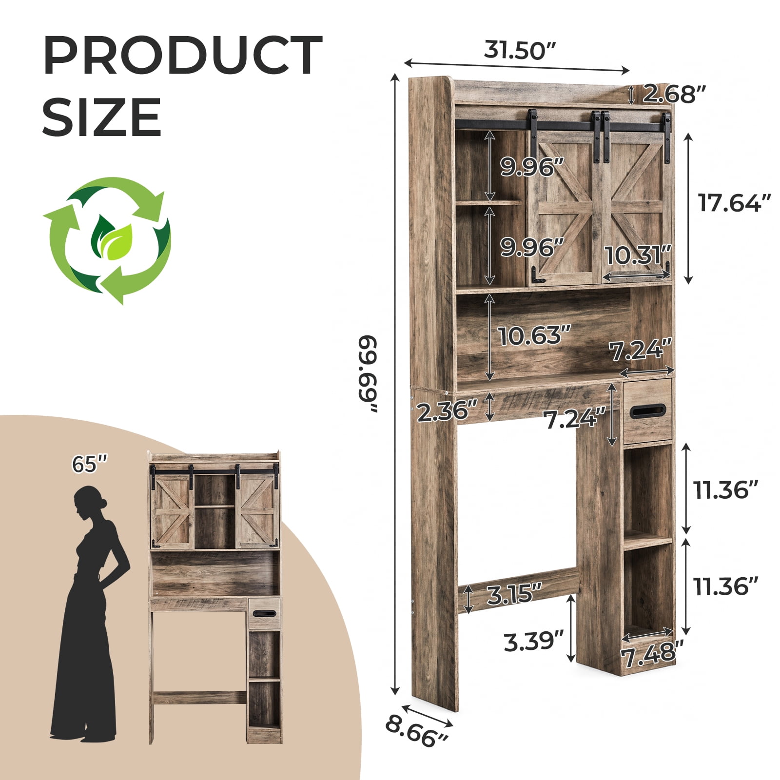 Toilet Cabinet, 2 Doors and Contain, 2-Tiered Bathroom cabinet with Side Storage Rack and Tissue Box Barn door style MDF Melamine-Faced Bathroom Vanity, 31.5*8.66*69.69in