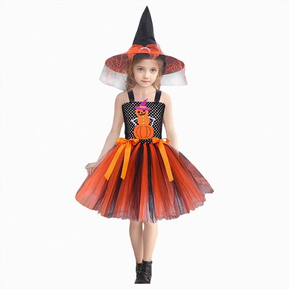 mgoYE Cute Children Halloween Orange Witchostume for Girls, Toddler Infant Baby Halloween Outfit(Orange,3-4 Years)