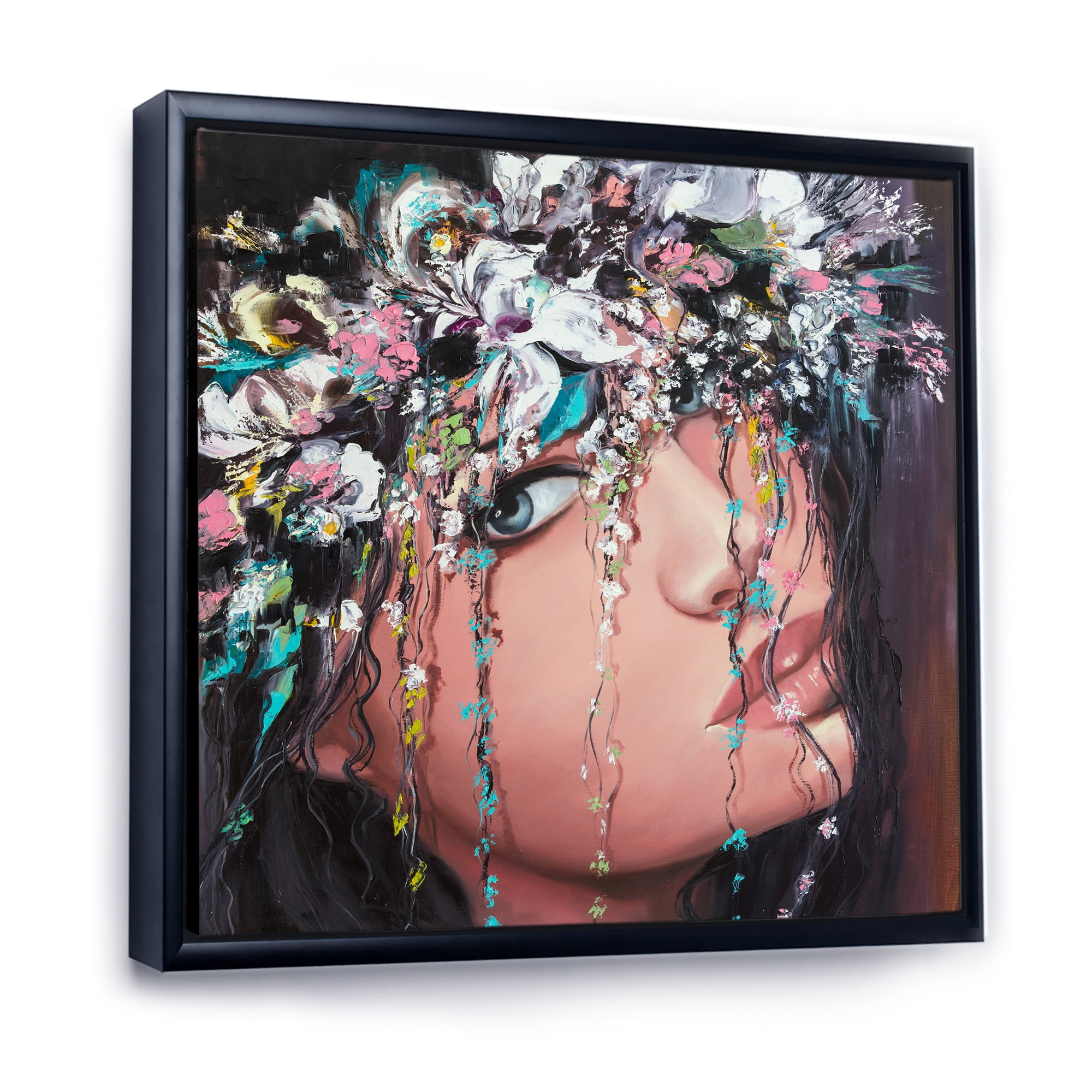Designart 'Portrait Of A Young Woman With Flowers II' Modern Framed Canvas Wall Art Print