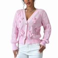 thumbnail image 3 of Women'S Crochet Cardigan V Neck Long Sleeve Decorated Button Down Knit Sweater Tops Pink L, 3 of 10