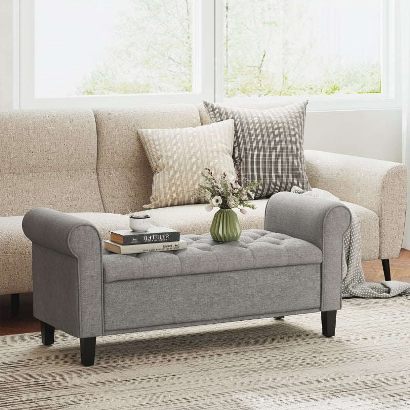 Alvantor Storage Ottoman Bench with Rolled Arms, Button Tufted Seat & Wood Legs 49.5"x19"x22.5" Gray