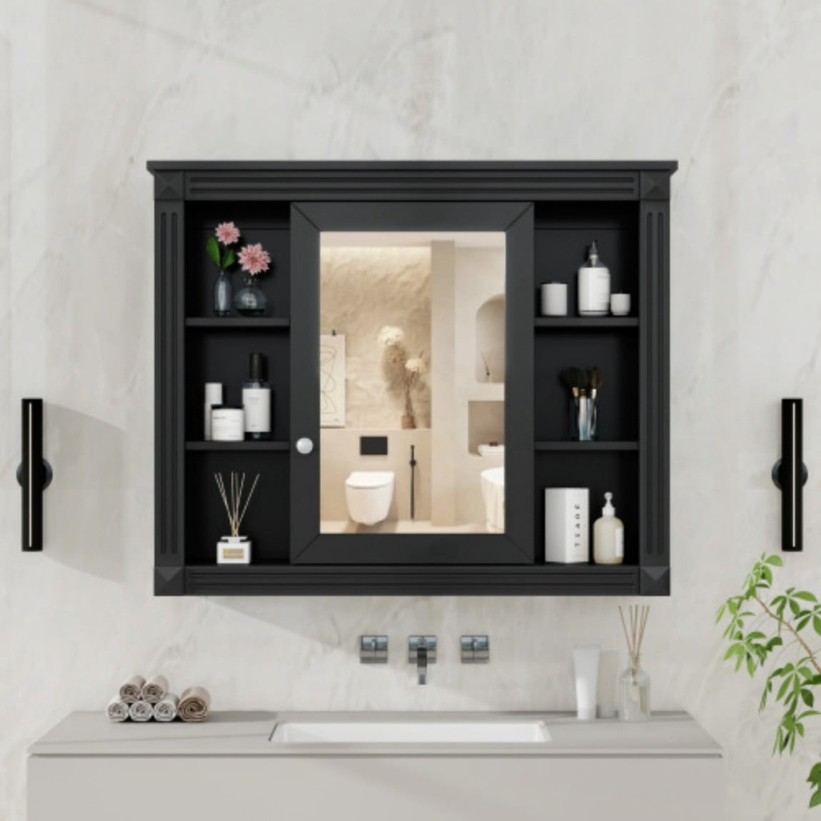 35"x 28" Wall Mounted Bathroom Medicine Cabinet with Mirror, Adjustable Shelves, Open Storage, Towel Bar, MDF Bathroom Storage Cabinet, Black