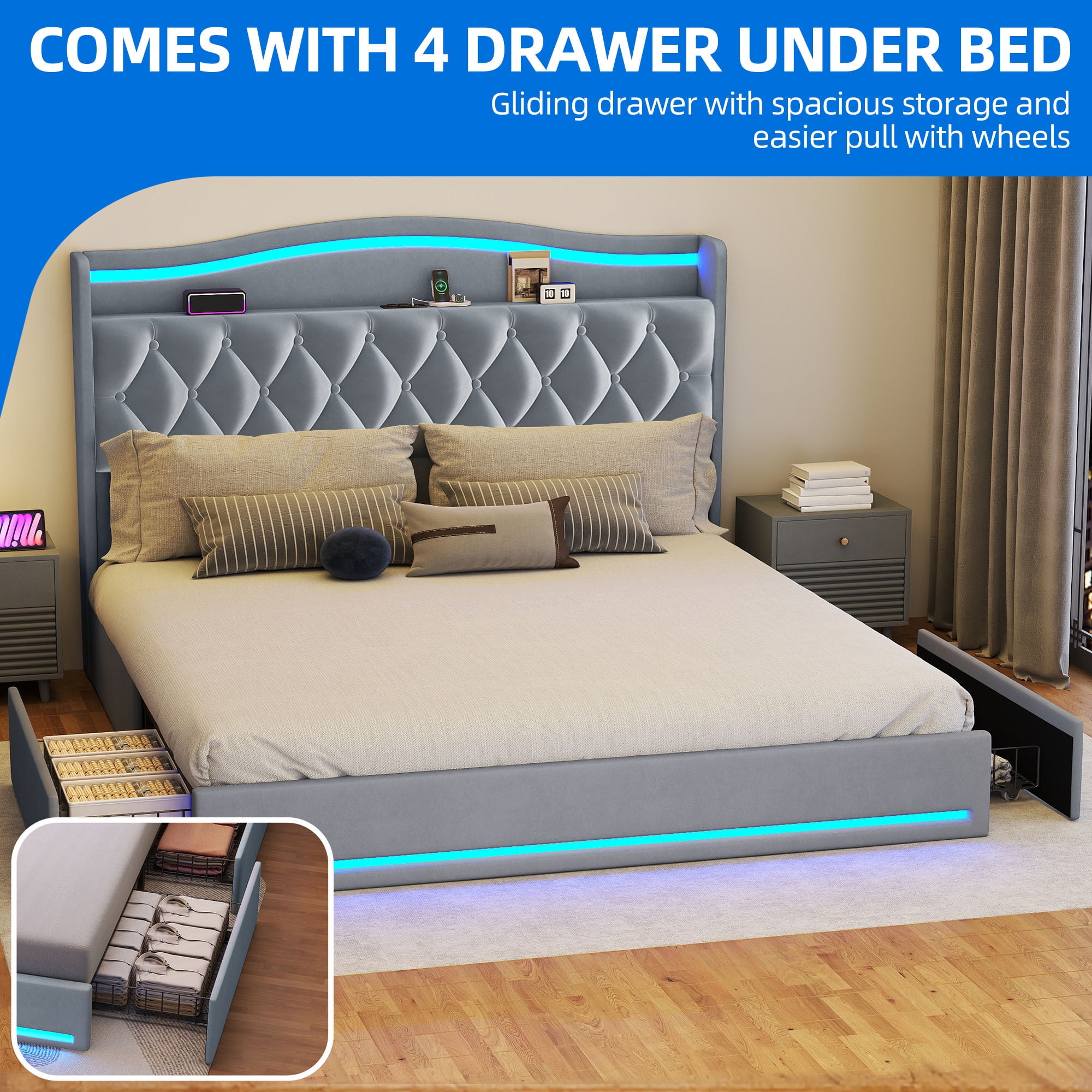 Uforic King Size Bed Frame with Power Outlets & LED Lights, Upholstered Storage Bed Frame with Drawers & Headboard, Gray