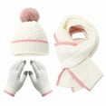 thumbnail image 3 of Kids Winter Hat Scarf Gloves Set 3-Piece, Fleece Lined Pom Pom Beanie with Mittens and Neck Warmer, Striped Edge Color Block Knit Set for Boys and Girls Aged 2-8 Years Old White, 3 of 7