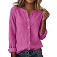 thumbnail image 3 of ClodeEU Women's Spring Summer Linen Blend V Neck Long Sleeve Button Blouse Hot Pink,Womens Plus XL, 3 of 8