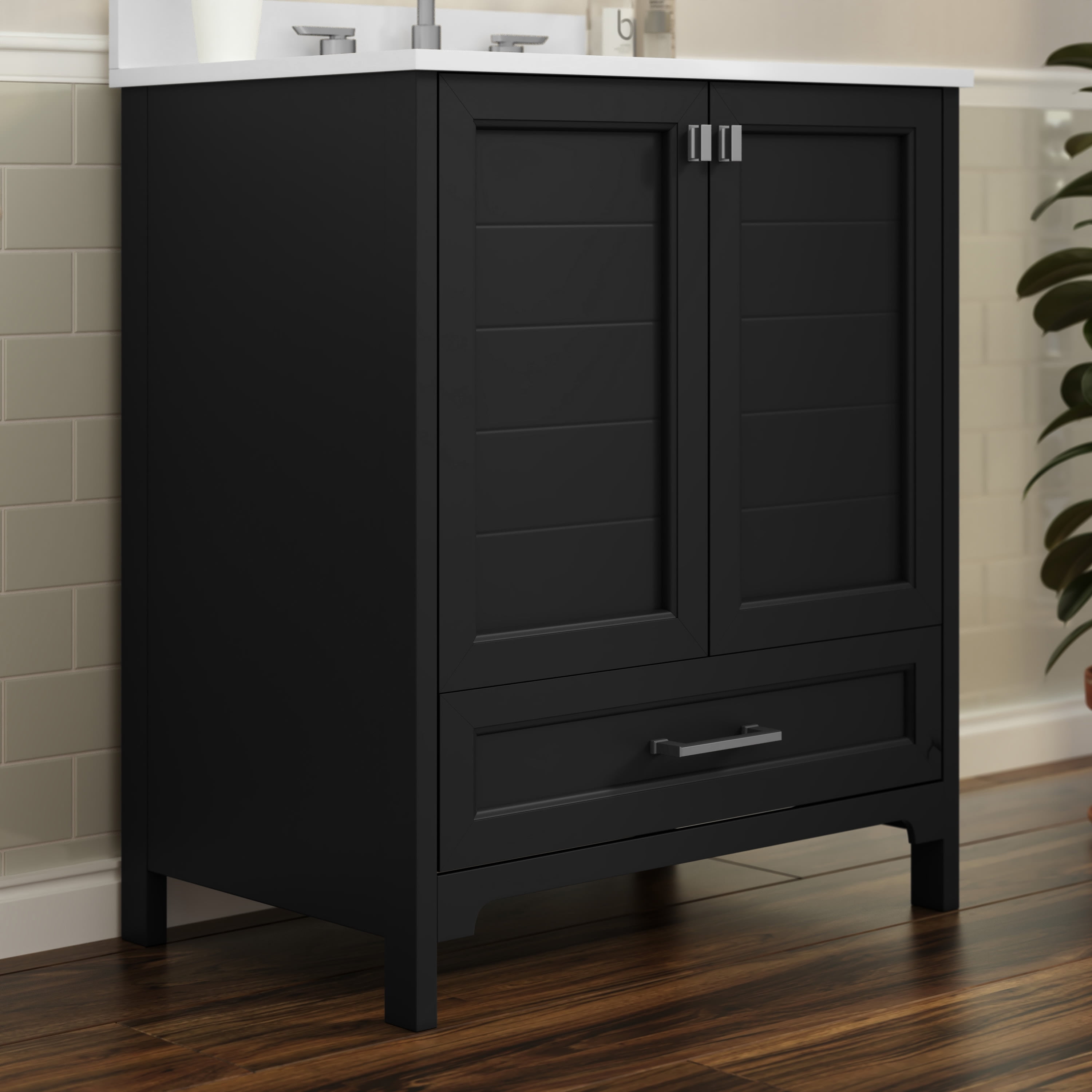 BizChair 30 Inch Bathroom Vanity with Sink, Storage Cabinet with Soft Close Doors and Bottom Drawer, Carrara Marble Finish Countertop, Black