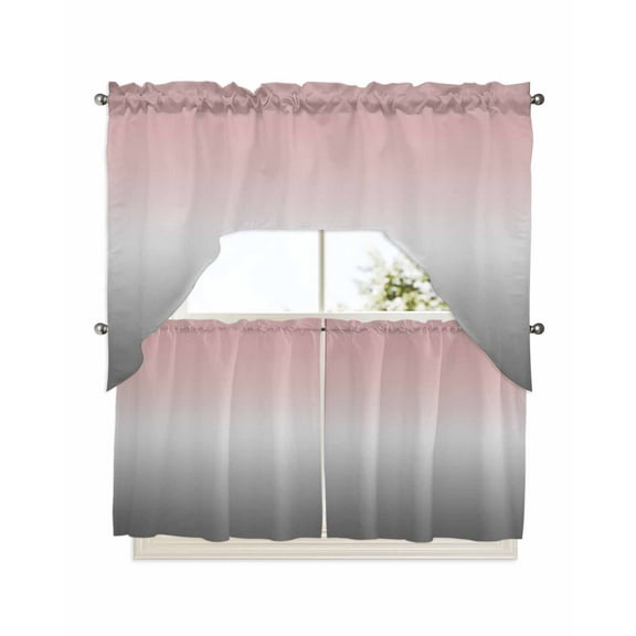 Ombre, Kitchen Curtains Swag Valance and Tier Curtains Set 24 Inch Length, Gradient Pink and Grey Rod Pocket Drape Panels Pair Swag Curtains for Bathroom/Cafe/Window