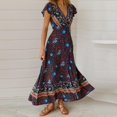 thumbnail image 4 of PENGXIANG Femmes Bohème Imprimé Floral Wrap V Cou Manches Courtes Split Beach Party Maxi Robe S-XL, 4 of 6