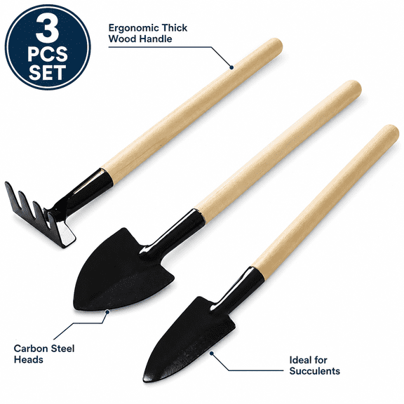 3-Piece Heavy Duty Garden Hand Tool Set, Carbon Steel Trowel & Cultivator with Wood Handle