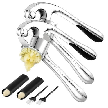 MRSXXNTY 2PCS Premium Garlic Press Set - Rust Proof & Dishwasher Safe Professional Garlic Mincer Tool - Easy-Squeeze, Easy-Clean with Soft, Ergonomic Handle - Silicone Garlic Peeler & Brush (Silver)