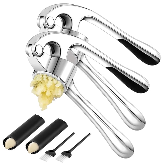 MRSXXNTY 2PCS Premium Garlic Press Set - Rust Proof & Dishwasher Safe Professional Garlic Mincer Tool - Easy-Squeeze, Easy-Clean with Soft, Ergonomic Handle - Silicone Garlic Peeler & Brush (Silver)