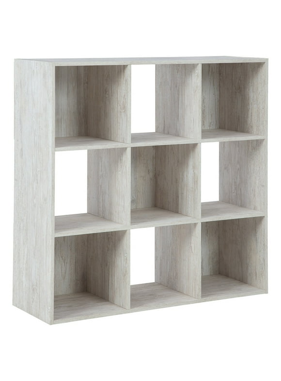 9 Cube Wooden Organizer with Grain Details, Washed White