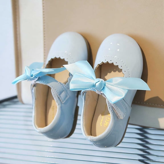hengsof Girls' Solid Color Bow Tie Outdoor Casual Flat Shoes Children's Soft Sole Fashionable Princess Leather Shoes