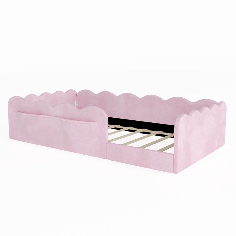 Twin Size Upholstered Floor Bed, Faux Rabbit Fur Daybed Frame with 2 Storage Pockets, Kids Bed with Wavy Design Fence