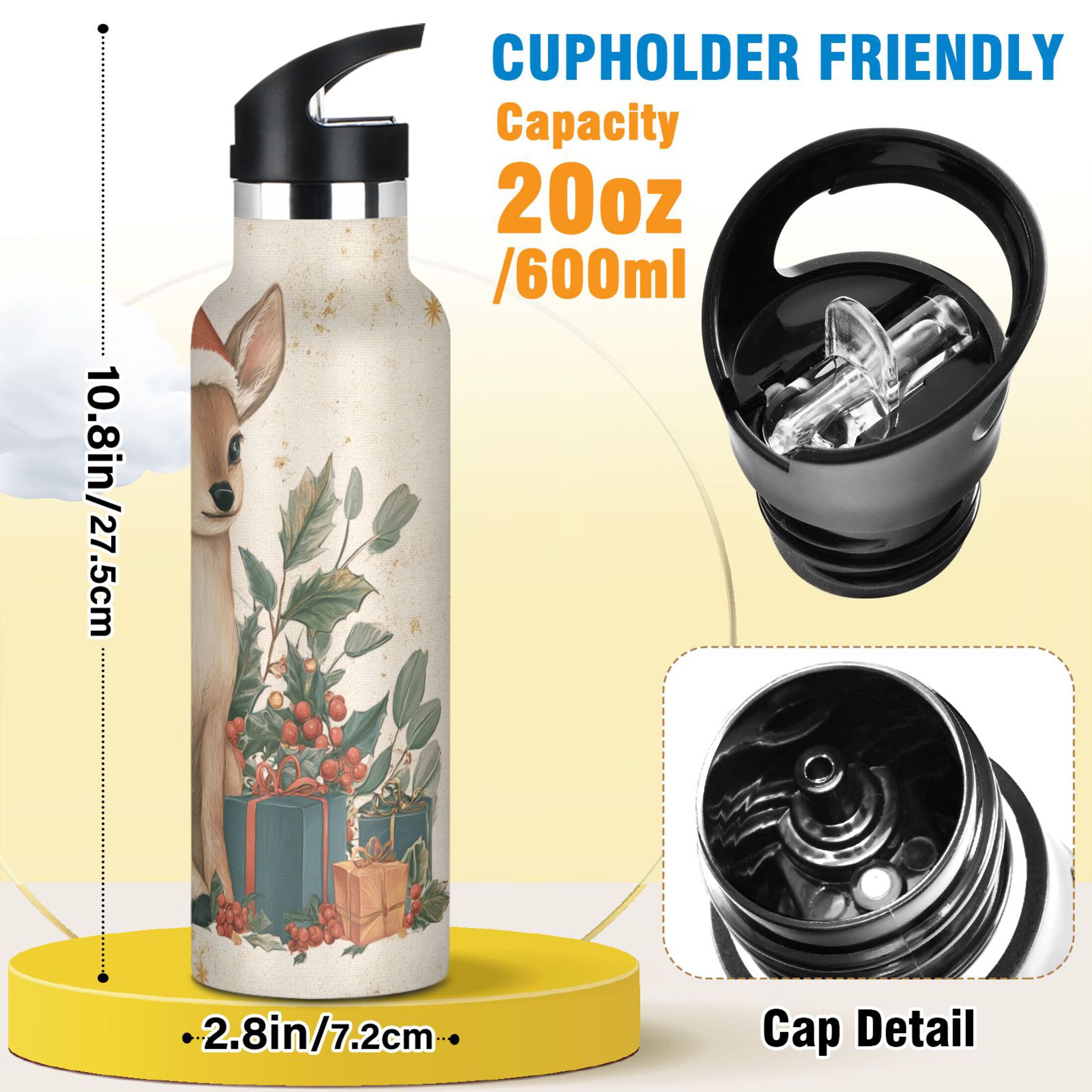 600ML Stainless Steel Insulated Cup Sports Water Bottle Portable Thermos Cup Water Glasses Insulated Tumblers Convenient and Durable Warm Christmas Orange Deer