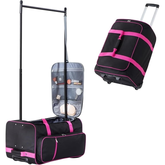 Dance Bag with Garment Rack 23 Inch Rolling Duffel Wheels for Travel Pink