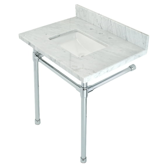Kingston Brass KVPB30M8SQ1ST Dreyfuss 30" Carrara Marble Vanity Top with Stainless Steel Legs (8-Inch, 3-Hole), Carrara Marble White/Polished Chrome