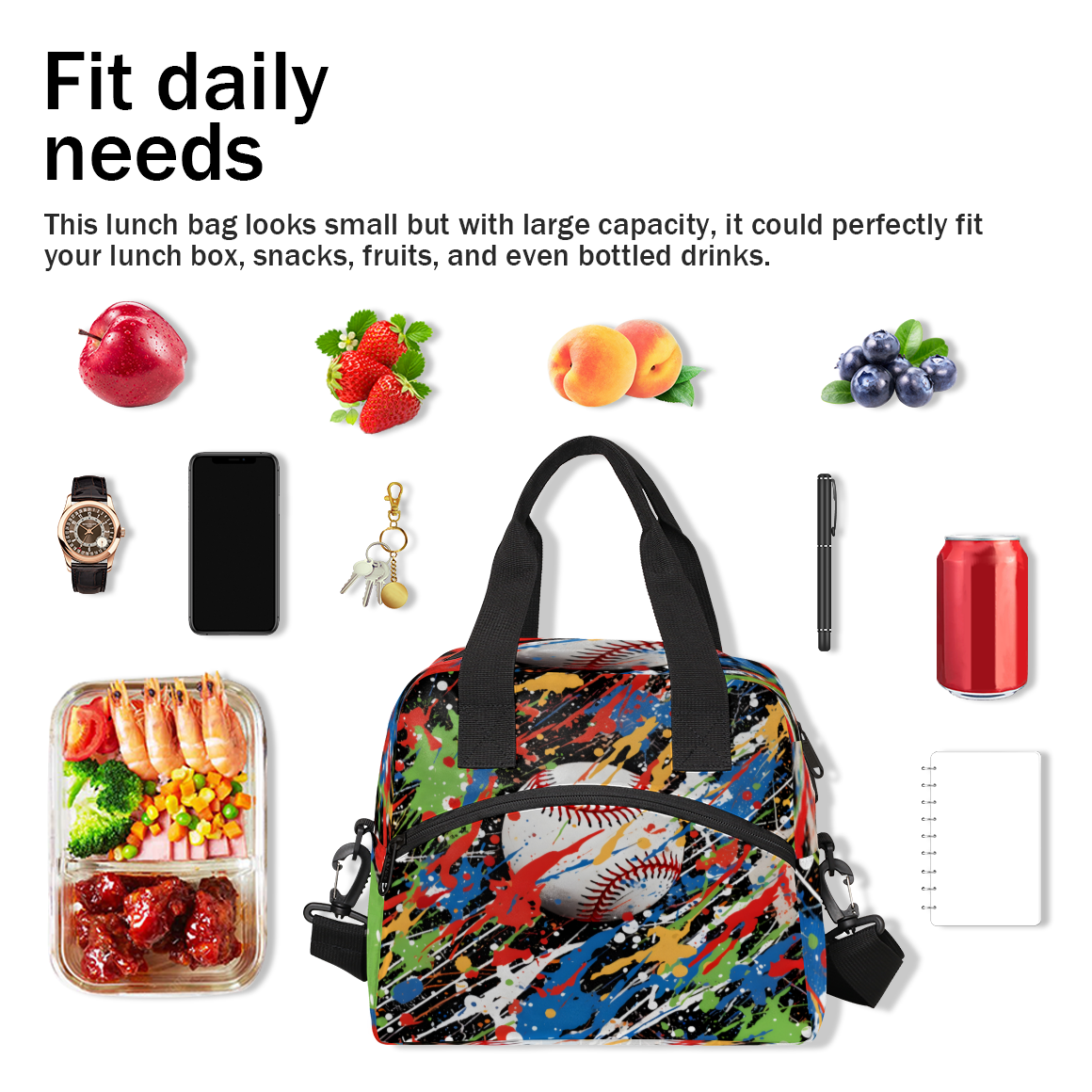Herdesigns Graffiti Baseball Insulated Lunch Bag for Women Men Adults Large Reusable Lunch Box Softball Sports Leakproof Cooler Tote Bags with Adjustable Shoulder Strap