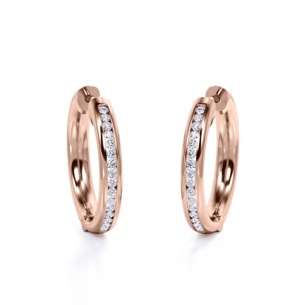 Alluring Half Eternity - 0.7 Carat Round Shape Diamond - Pave Channel - Chunky Hoop Earrings - 18K Rose Gold Plating over Silver