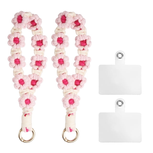 Uxcell 2 Pcs Correa para Teléfono con Pestañas de Sujeción, Pulsera Lanyard para Teléfono Celular Hecha a Mano para Mujeres y Niñas, Rosa Claro