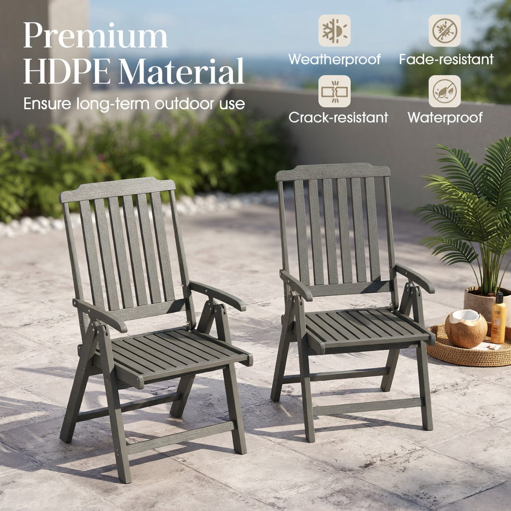 Hommoo Foldable HDPE Outdoor Patio Dining Chair with Armrests, Weatherproof, Rust-Resistant, Space-Saving Chair for Deck, Porch & Balcony, Gray