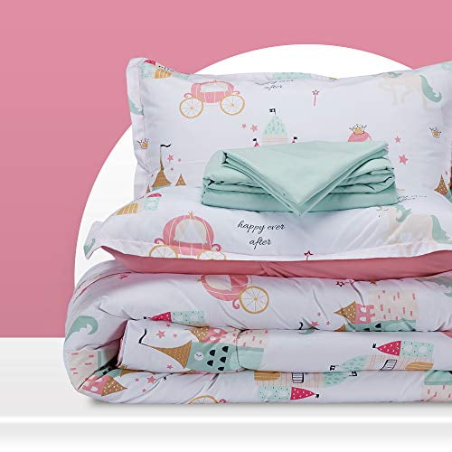 SLEEP ZONE Kids Bed-in-a-Bag Bedding Set Easy-Care Microfiber Ultra Soft Comforter and Sheet Sets with Sham 5 Pieces Princess Castle for Girls, Pink, Twin