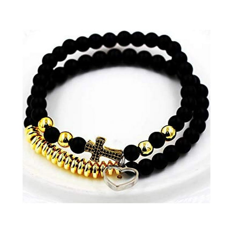Uloveido 6mm Multilayer Bead Bracelet, Side Cross Bracelets with Charms  Mustard Seed, Unisex Gold Black Stacking Beaded Strand Cuff Bangles  Set(Gold) 