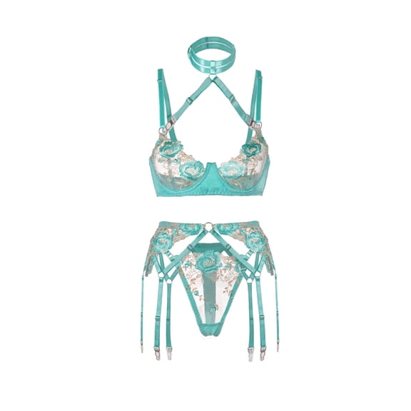 Turquoise Floral Allure Lingerie Set (GREEN, S)