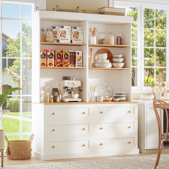 71" Tall Farmhouse Pantry Cabinet,Freestanding Coffee Bar Hutch With Adjustable Shelves,Large Storage With 6 Drawers for Living Room,Dining Room,White,2 Pcs