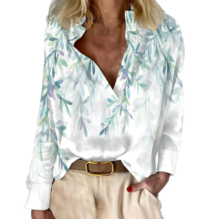 Fsqjgq Womens Casual Long Sleeve Button down Shirts Tops White Top Women's  Floral Print Casual Top V Neck Long Sleeve Shirts Cotton Linen Blouse Green