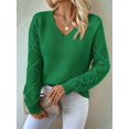 thumbnail image 4 of Women V Neck Knit Hollow Openwork Lantern Long Sleeve Ribbed Cuff Loose Fit Knit Pullover Sweater Green M, 4 of 8